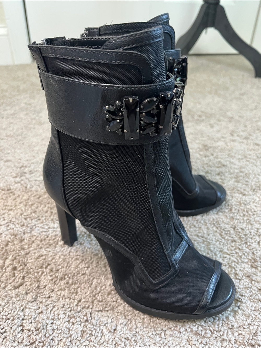 Karl Lagerfeld Paris Blayze Black Mesh Peep-Toe Boots Jewels 6 Whimsigoth Goth